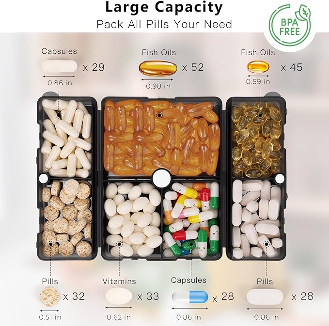 FYY Daily Pill Organizer,7 Compartments Portable Pill Case Travel Pill Organizer,[Folding Design] Large Pill Box for Purse Pocket to Hold Vitamins,Cod Liver Oil,Supplements and Medication-Clear Black