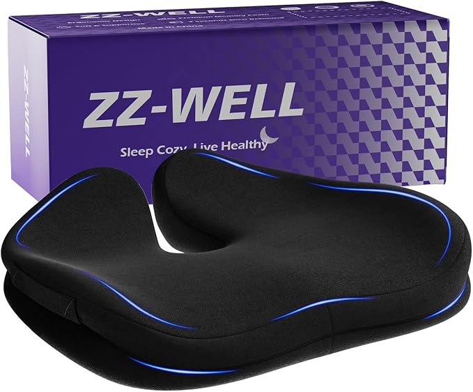 ZZ-WELL Seat Cushions for Office Chairs, Car Seat - Patented Coccyx Cushion for Tailbone Pain - Memory Foam Butt Cushion for Pressure Relief - Carry Handle & Non Slip Bottom (Black)