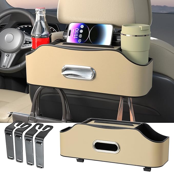 Back Seat Cup Holder for Car – Multifunctional Rear Seat Organizer with Drink Holders, Tissue Box Storage & Hooks, Fits Headrest for Auto, Family Travel Accessories. (Beige)