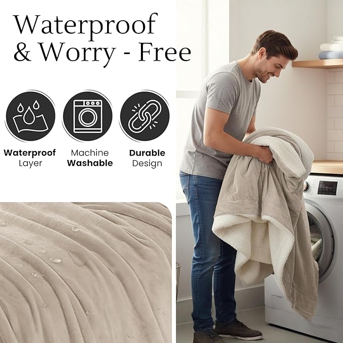 Waterproof Blanket for Bed Intimacy (80"x 60" Queen Size) Reversible Fleece | Sherpa, Love Blanket, Water Proof TPU Stain Proof Couch Furniture Mattress Winter Large Dog Bed Cover - Beige