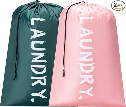 2 Pack 28" x 40"Travel Laundry Bag, Machine Washable Dirty Clothes Organizer with Drawstring,Large Enough to Hold 4 Loads of Laundry, Easy Fit a Laundry Hamper or Basket Travel Essentials