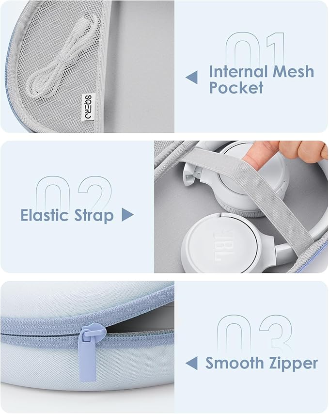 Headphone Case Hard Shell for JBL Tune 520BT/510BT/500BT/720BT/Bose/Soundcore Anker/BERIBES/KVIDIO/TOZO/JLab, Ultra-Slim Over-Ear Headset Universal Portable Travel Organizer Bag (Light Blue)