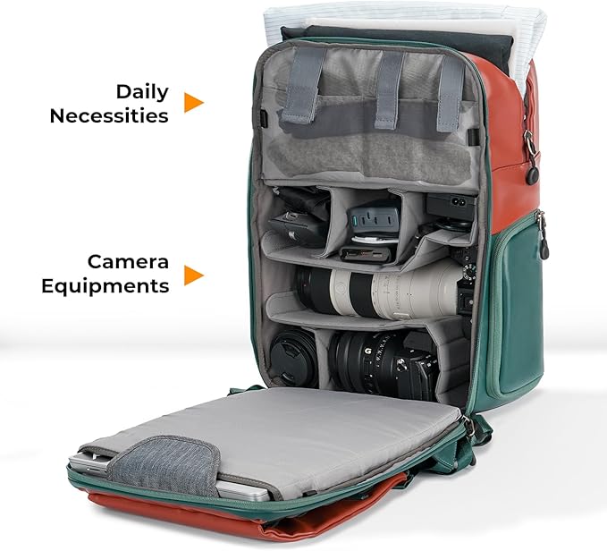 K&F CONCEPT 20L Camera Case for Photographers Large Capacity PU Leather Camera Bags with Raincover, 15.6 Inch Laptop Compartment for Camera Drone Bags