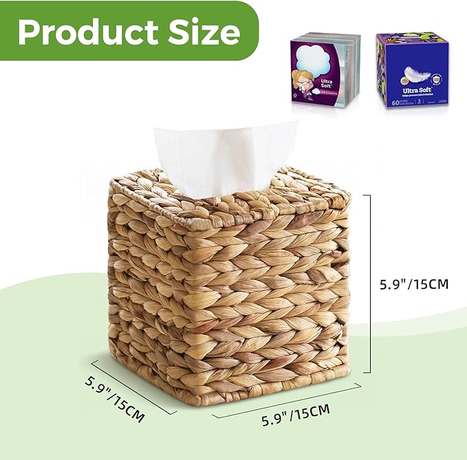Tissue Box Cover, Square Wicker Tissue Box Holder Facial Tissues Boxes, Hand Woven Napkin Box Tissue Holder for Bathroom Bedroom Office Table Desk Night Stand, Boho Decorative, Natural