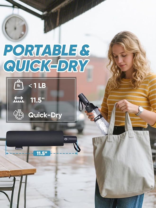 PTEROMY Windproof Travel Umbrellas for Rain and Sun, Withstands 85MPH Winds Auto Open Close Folding Umbrella with Ergonomic Handle, Quick Dry Canopy for Commuting or Backpack