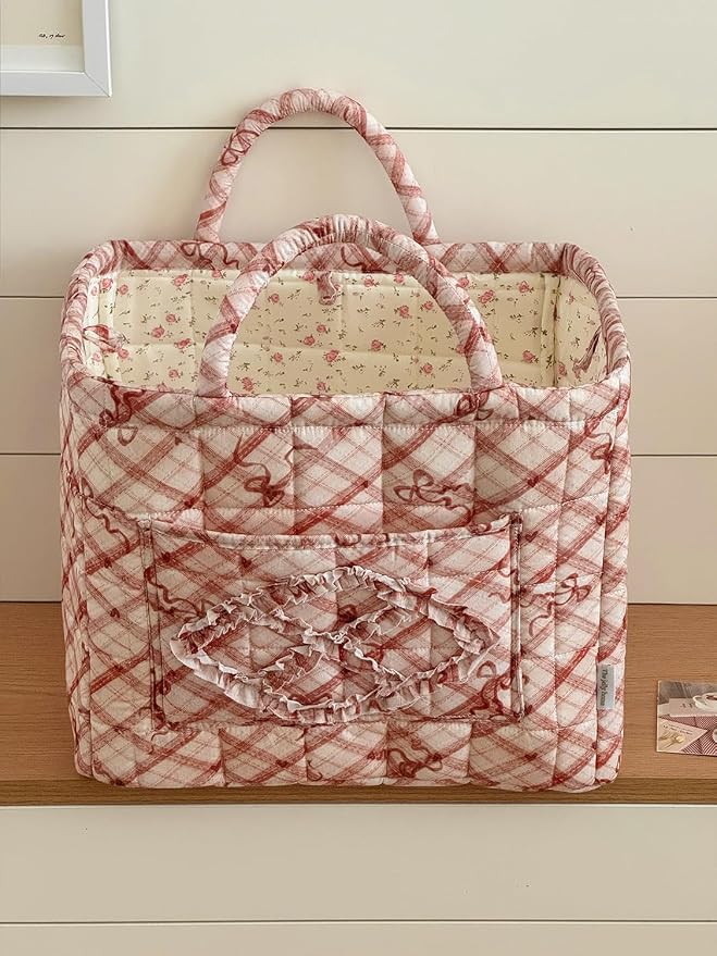 Floral Fabric Storage Basket Car Interior Storage Basket Underwear Sundries Laundry Baskets Supplies Home Organizer Bag (red bow)