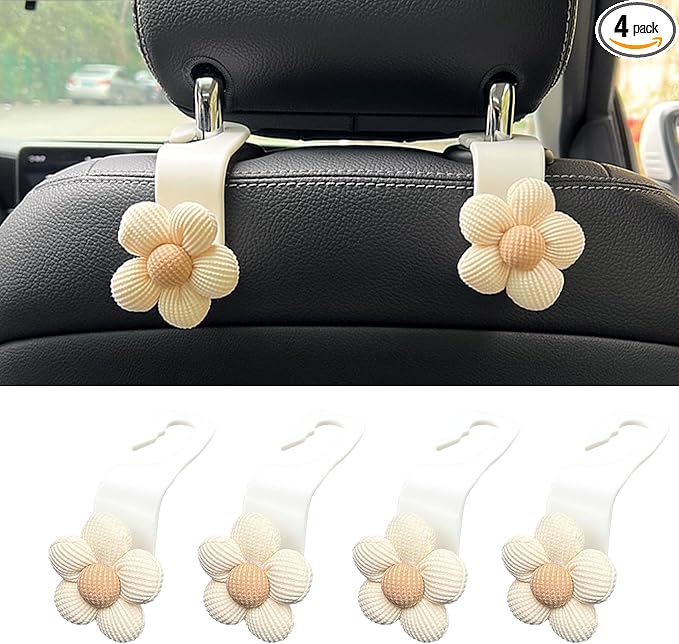 4PCS Car Headrest Hooks, Cute Flower Car Seat Organizer Hooks, Portable Seatback Organizer Hanger for Purses and Bags, Universal Automotive Accessories for SUV, Sedan, Truck (Beige/White)