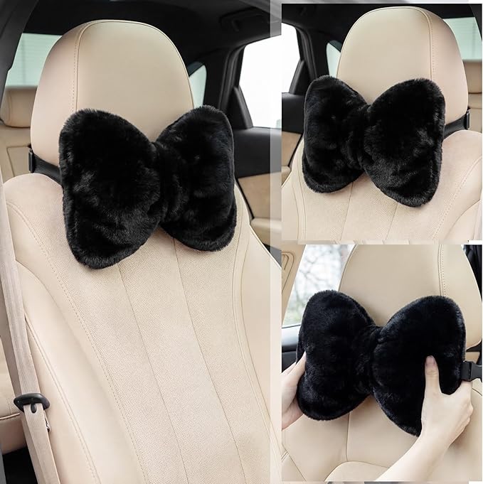 Macarrie 2 Pcs Car Neck Pillow Velvet Bow Headrest Pillow Soft Comfortable Seat Neck Support Cute Bow Car Accessories for Driving Travel Driver Chair Girl Style Interior Decor (Solid,Black)