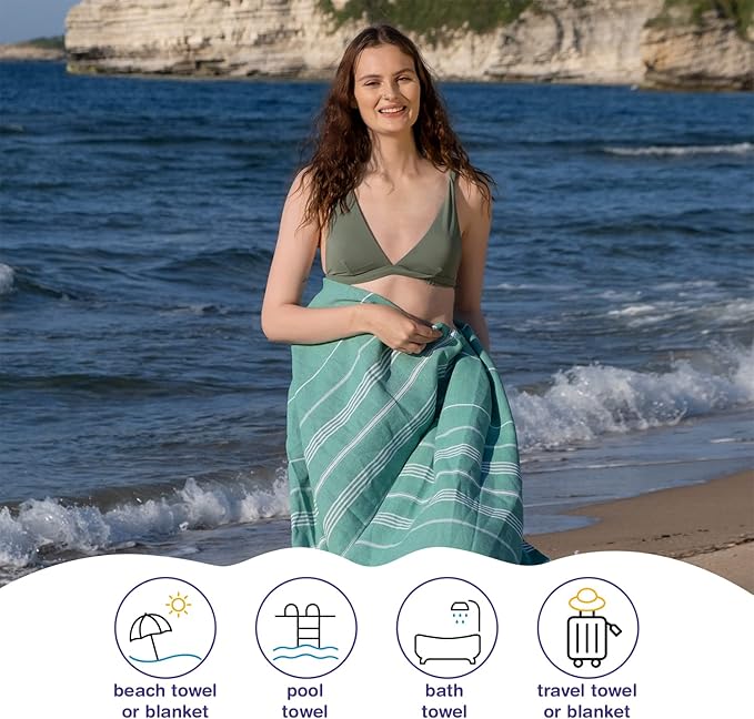 Turkish Beach Towels, Pack of 6 | Oversized, Quick Dry, Sand Free | 100% Cotton, Large 38x71 Towels for Beach, Pool, Travel | Ultra-Soft, Compact, and Absorbent | Green