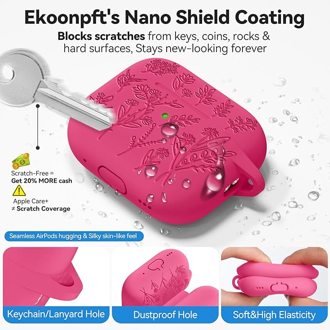 Flower Engraved Case for Apple AirPods Pro 2nd/1st Generation, Soft Silicone AirPods Pro 2 Gen Protective Cover for Women Airpod Cases with Clean Kit,Carabiner,Front LED Visible