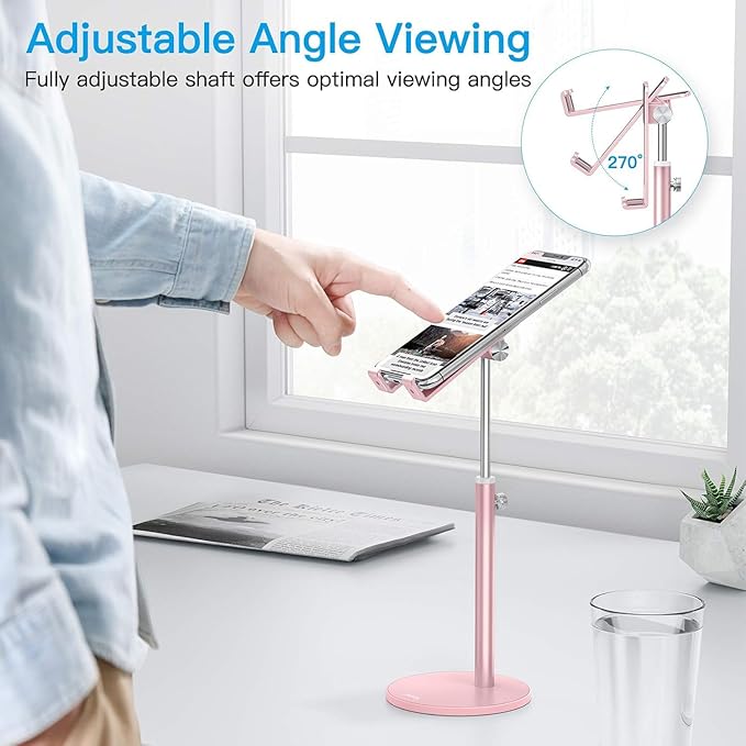 OMOTON Cell Phone Stand, Angle Height Adjustable Phone Stand, Aluminum Desktop Phone Holder Dock Stand for Desk, Compatible with iPhone 13/Mini/Pro/Max, All Smartphones and Tablets(4-11''), Rose Gold