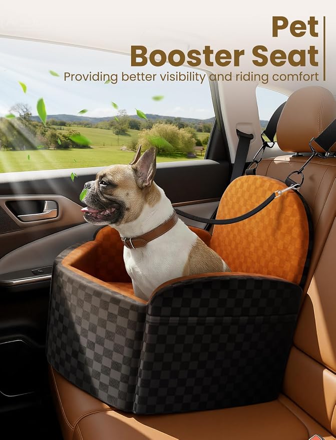 Dog Car Seat for Small/Medium Dogs, Elevated Dog Booster Seat with Memory Foam Cushion for Dogs Under 35lbs, Detachable Washable Pet Car Seats with Storage Pockets & 2 Safety Belts (Brown)