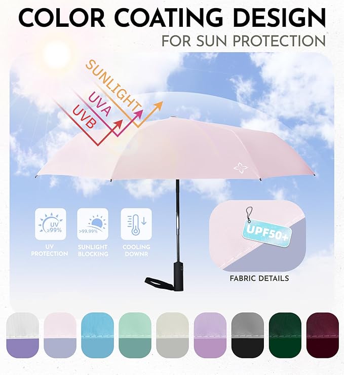 Windproof Travel Umbrella for Rain - 43" Compact Folding Umbrella, Reinforced Strong Frame, Lightweight Portable Parasol with UPF 100+ UV Sun Protection, Cruise Ship Essentials