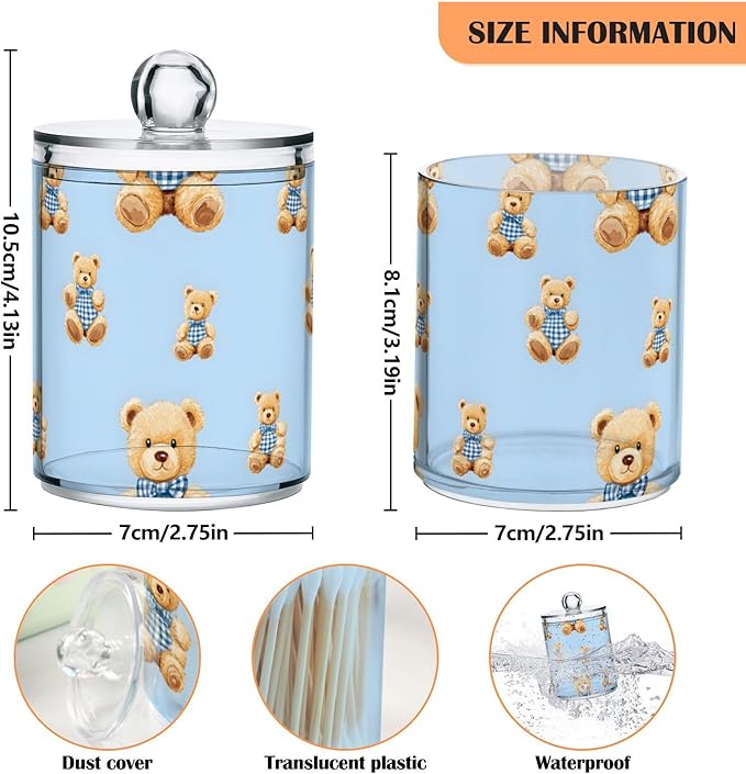 2 Pack Qtip Holder Organizer Dispenser Cute Bears Bathroom Storage Canister Cotton Ball Holder Container for Cotton Pads/Swabs/Floss