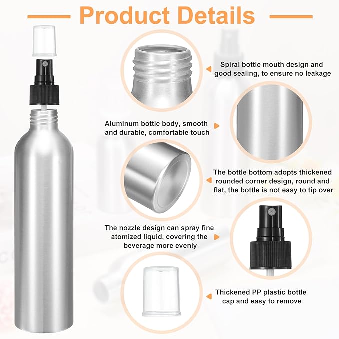 HARFINGTON 3pcs Aluminum Fine Mist Spray Bottles 250ml/8.5oz Metal Small Liquid Alcohol Refillable Travel Container with Black Plastic Nozzle Cap for Perfume Skincare Cosmetic Storage Bottle