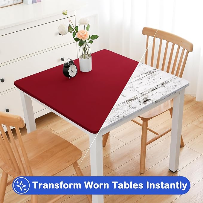 Wolkemer 2 Pack Burgundy Fitted Tablecloth 34x34 Inch Square Elastic Edges Table Cloth, Spandex Stretch Table Cover with Machine Washable Fabric for Wedding Party Picnic Dining Indoor Outdoor