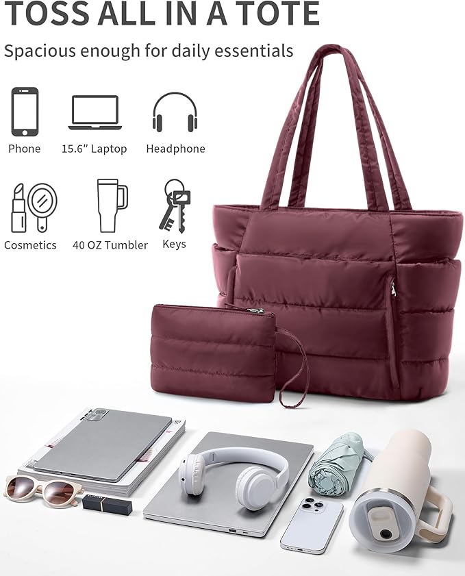 Bagstellar Puffer Tote Bag for Women, Lightweight Puffy Work Handbag Teacher Nurse Quilted Shoulder Bag for School Travel Gym | Cloud Bag w/ Zipper