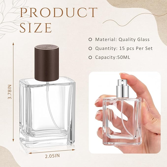 Domensi 15 Pcs 10/15/30/50 ml Glass Perfume Bottles Mini Glass Empty Spray Atomizer Bottles Bulk Refillable Perfume Dispenser Container with Pump Tool for Travel Skin Care (50 ml,Dark Woddy Color)