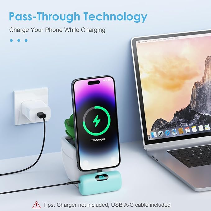 Mini Portable Charger USB C Power Bank,5000mAh PD Fast Charging Battery Pack Built-in USB-C Connector Travel Essential for iPhone17/17Pro/17Pro Max/Air/16 Plus/16Pro Max/15 Series,Android Green