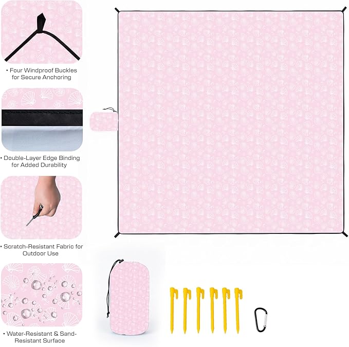 OIGAE Family Beach Blanket, 7×8 ft Sand-Free Picnic Mat for 1–4 People, Quick-Dry Lightweight Outdoor Blanket with Stakes & Corner Pockets, Shell, Pink