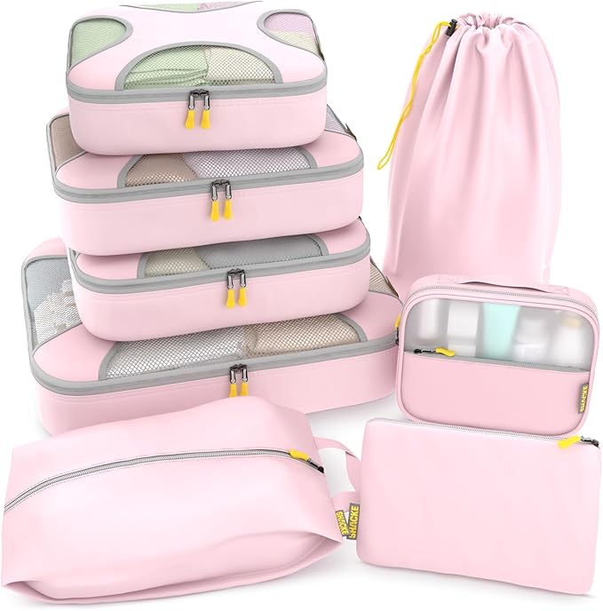 Shacke 8 Set Packing Cubes for Travel – Complete Luggage Organizer Set with Laundry, Shoe, Toiletry & Accessories Bag, Suitcase Travel Organizer (Petal Pink)