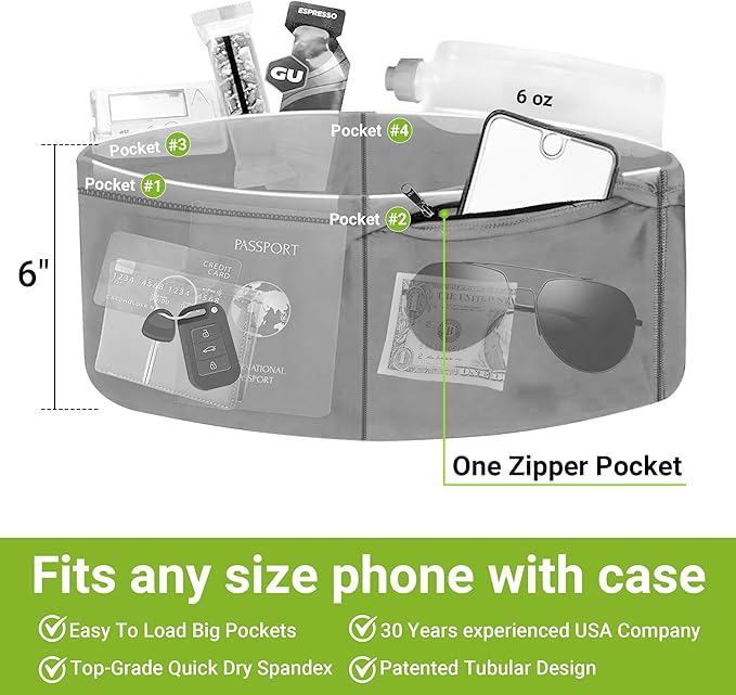 StashBandz No-Bounce Running Belt for Women & Men – Phone Holder Fits All Phones, 4-Pocket Slim Fanny Pack with Zipper – Travel Money Belt Waist Pack for Running & Workout