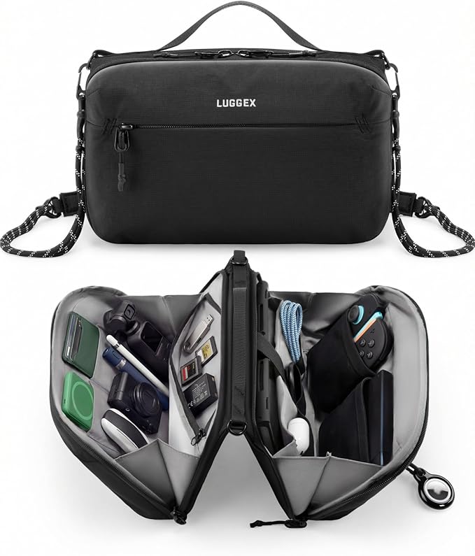 LUGGEX Large Tech Pouch, Cable Organizer Bag with Removable Crossbody Strap, Dual Accessories Bag & Water Resistant for Kindle, Chargers, Cord, Earphone for Travel Office All-in-One, Black