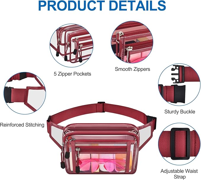 Clear Bag Stadium Approved Clear Fanny Pack for Women for Work,Multi-purpose Waist Bag for Travel & Sporting Event