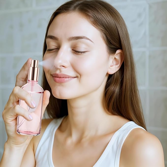 10 Pack 3.4 Oz Pink Glass Spray Bottles, Refillable Fine Mist Atomizers with Rose-Gold Caps, Empty Perfume Bottles for Essential Oils, Body Sprays, Travel