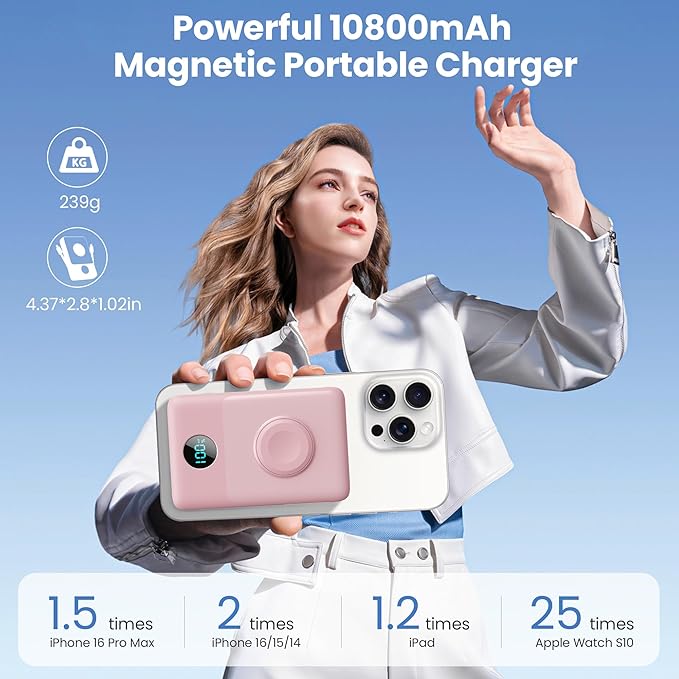 Ekrist Magnetic Portable Charger for MagSafe with Built-in Cable,iWatch Charger,Wireless Power Bank Travel Essentials,25W Fast Charging Battery Pack for iPhone 17/16/15,Apple Watch(Pink,10800mAh)