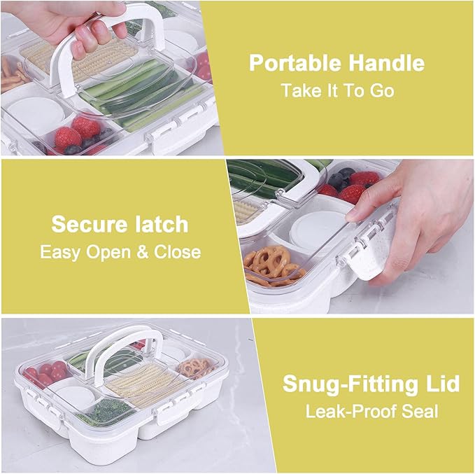 Large Snackle Box Container with 2 Sauce Cups, 8-Compartment Divided Serving Tray with Lid & Handle, Portable Snack Tray for Travel Picnic, Leak-Proof, Dishwasher Safe, BPA-Free