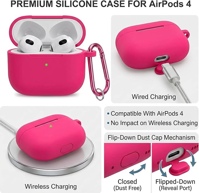 Silicone Case Cover for AirPods 4th Gen, Soft Skin, Full Protection, Keychain, Cleaner Kit (Pink Red)