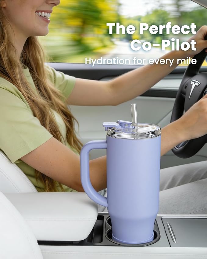 Renoj Insulated Mug 100% Leak Proof Insulated Water Bottle for Iced Coffee & Hot Drinks - Fits Car Cup Holder, Ideal Gift, 2 Straws & Silicone Boot - SnapShift Navy Blue 40 oz