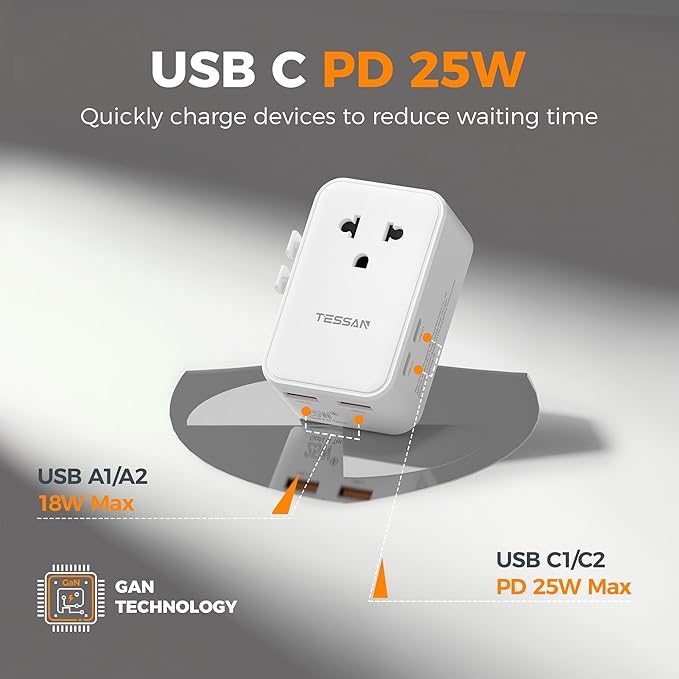 TESSAN Universal Travel Adapter PD 25W, International Power Adapter, Ultral Thin Universal Adapter with 2 USB A 2 USB C for US to European UK Australia Ireland(Type C G A I) White