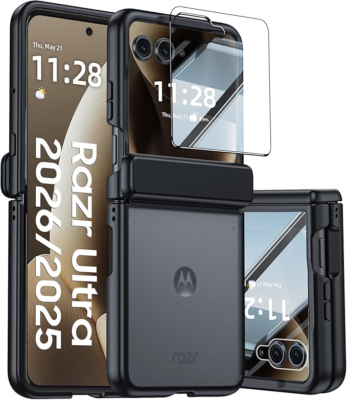 for Motorola Razr Ultra 2026 Case/Razr Ultra 2025 Case with Hinge Protection, Screen Protector, Skin Feel Translucent Frosted, Shockproof Slim Cover for Razr Ultra 2026/2025 -Black