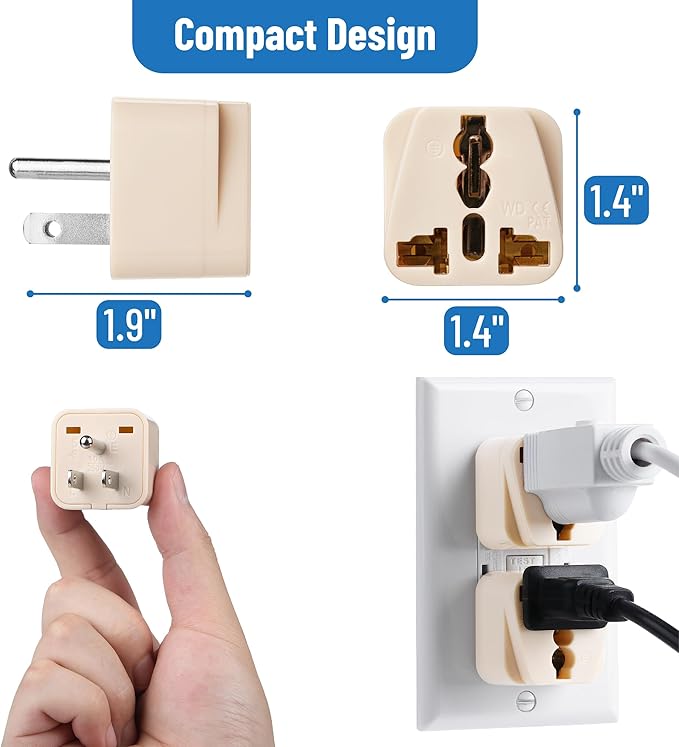 Bates- Universal Travel Plug Adapter, 2 Pack, Beige, Converts EU/UK/AU/Asia Plugs to USA Outlet, Europe to US Plug Adapter, UK to US Outlet, Compact Design for Home, Office