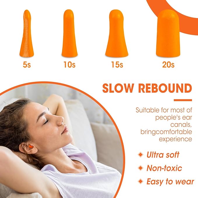 AZEN 200 Pairs Ear Plugs, NRR 32dB Soft Foam Ear Plugs for Sleeping Noise Cancelling, Earplugs for Concerts Shooting Swimming Noise Reduction,Individually Wrapped (Orange)