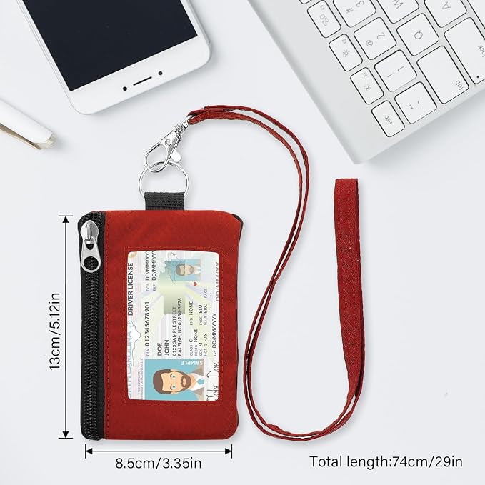 Minimalist RFID Wallet with Lanyard, Multi-Functional ID Case with 2 Zipper Pockets and Key Chain for Men and Women, Tactical Badge Pouch Cards Holder, Coin Purse for Travel Sports - Red&Pink