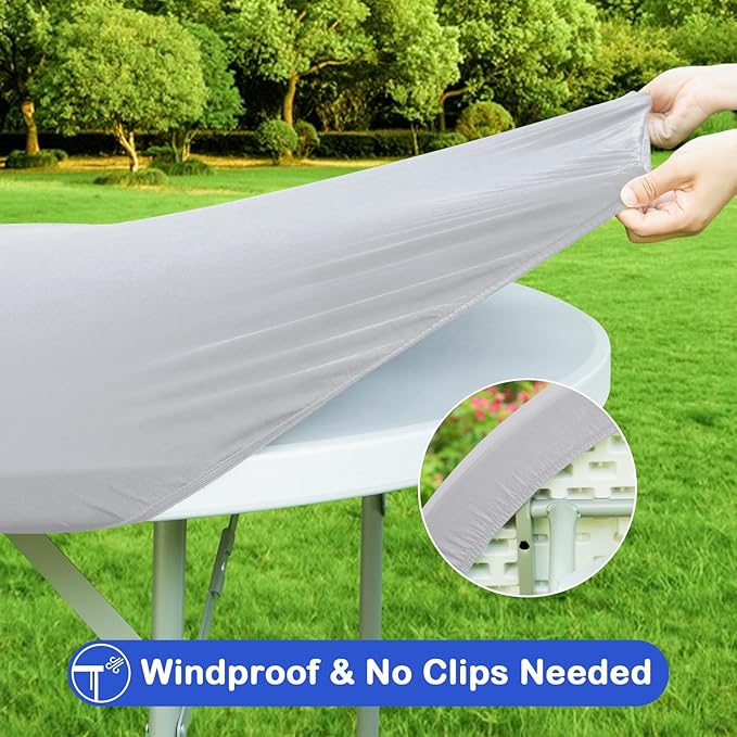 Wolkemer 2 Pack 5 Foot Silver Fitted Tablecloth 60 Inch Round Elastic Edges Table Cloth, Spandex Stretch Table Cover with Machine Washable Fabric for Wedding Party Picnic Dining Indoor Outdoor