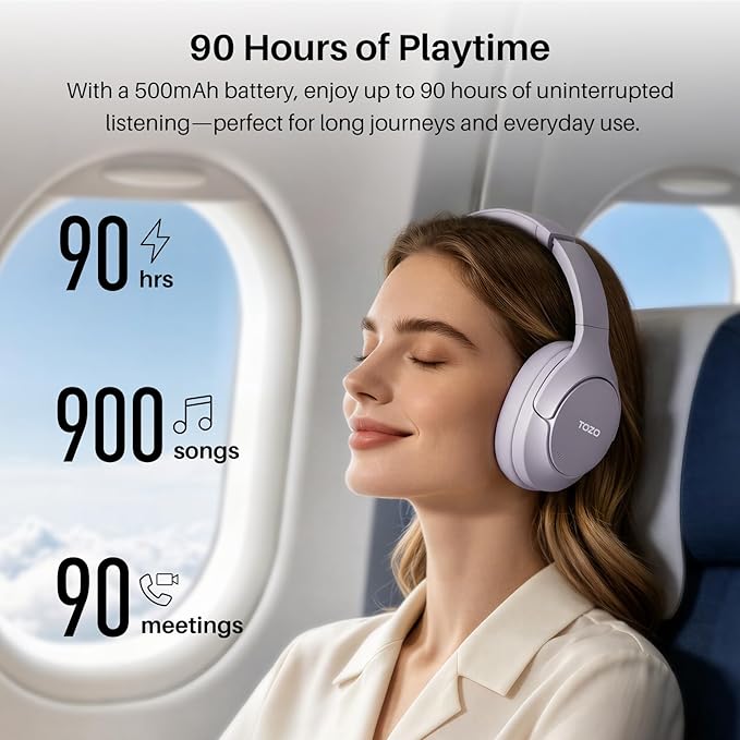 TOZO HT3 Hybrid Noise Cancelling Headphones, 90H Battery Life Wireless Over Ear Bluetooth 6.0 Foldable Headset, AI Voice Assistant with 5 Mics, Connect 2 Devices and Hi-Res Sound, 32 EQ Audio Presets