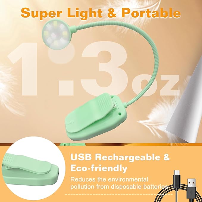 KTEBO Rechargeable Clip-On Book Light, 10-LED Bed Reading Lamp with 3 Color & 3 Brightness, USB-C, Up to 30-Hour Runtime, 360 Degree Gooseneck, Ultralight 1.4oz, Great Stocking Stuffers, Black & Green