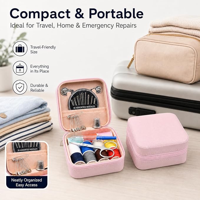 56-Piece Portable Travel Sewing Kit - Compact Emergency Sewing Kit Box with Zipper Fix Tools - Small Sewing Supplies and Accessories for Home Use & Quick Stitch Solutions(Pink)