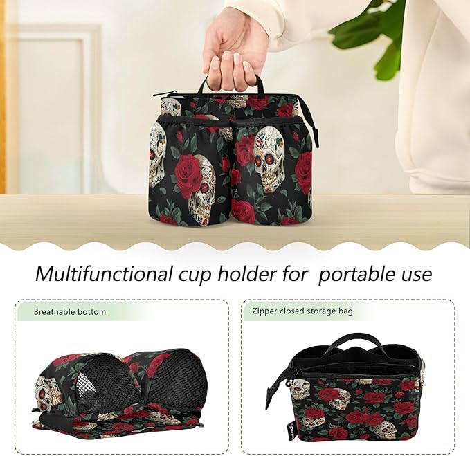 Luggage Cup Holder for Suitcases Free Hands Suitcase Cup Holder Travel Luggage Drink Holder Portable Luggage Cup Caddy Bag Carrier with Handle Mexico Skull Rose Flowers Red
