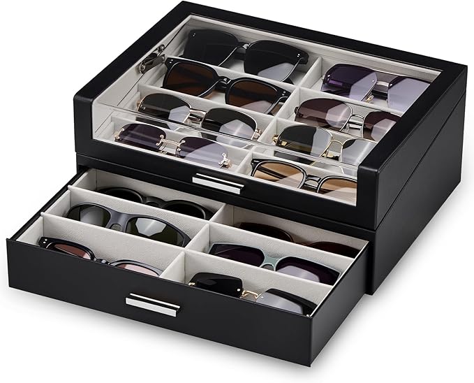 ProCase 16 Slots Sunglasses Box Organizer with L-Shaped Clear Lid, Multiple Pairs Glasses Display Holder Eyewear Eyeglass Eye Glass Storage with Drawer for Men -Black