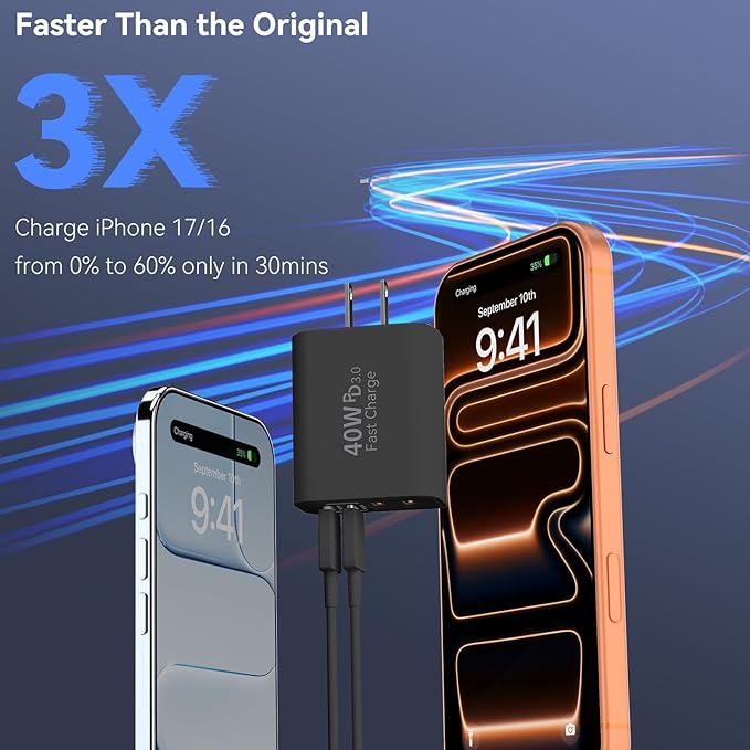 USB C Wall Fast Charger Block, 40W 4-Port Type C Chargers Fast Charging Blocks PD Power Charger Adapter+QC 3.0 USB Multiport Charger Brick for Phone 17/16/15/14/13/12 Pro Max, i-Pad, Galaxy S25-3Pack