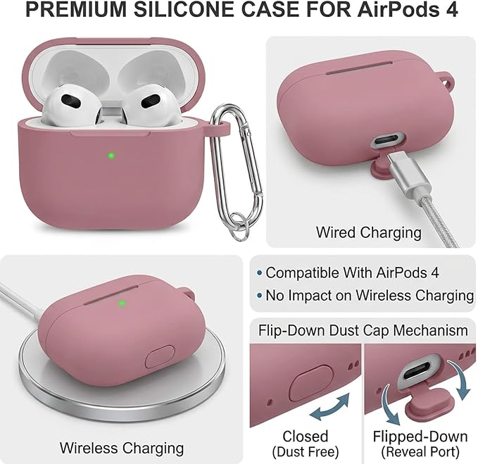 for Airpods 4th Case Cover,Come with Cleaner Kit,Soft Skin Silicone Case Cover with Keychain,Full Protective Case for Men and Women,Compatible with AirPods 4th Generation Case,Bean Pink