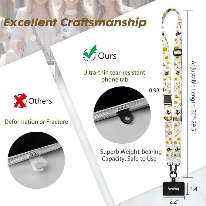 Icycay Phone Lanyard Crossbody, Floral Bee Cell Phone Strap for Around The Neck Adjustable, Flower Teacher Anti Theft Cute Lanyard for ID Holder Keys Accessories Travel Essential