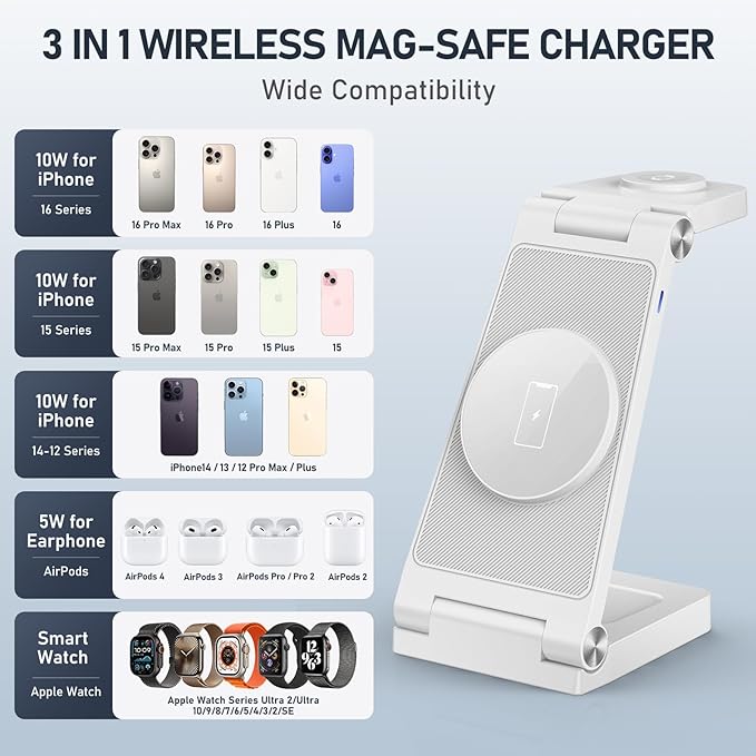 Magnetic Wireless Charger Stand, 3 in 1 Foldable Wireless Charging Station with 20W Adapter, Travel Charger for Multiple Devices for iPhone 16 15 14 13 12 Pro/Max/Plus/Mini, iWatch, AirPods