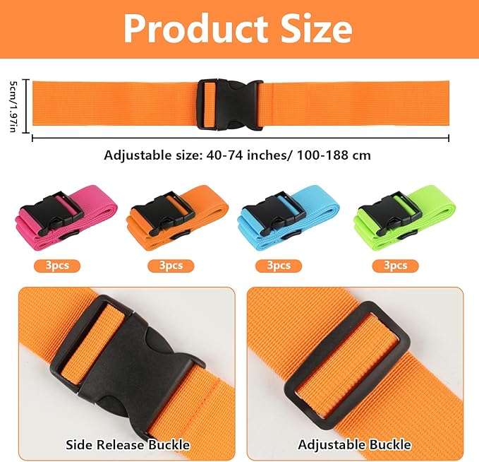 12 Pcs Luggage Straps for Suitcases TSA Approved, Suitcase Belts, Adjustable Suitcase Straps for Travel Accessories Essentials, Luggage Safety Packing Bands(4 Colors)