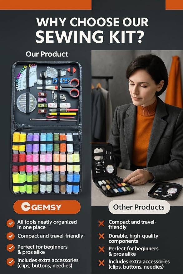 Gemsy Sewing Kit Box | Tailoring Tools Combo with Accessories, Scissors, Thread, Needles, Measuring Tape | Sui Dhaga Portable, Stitching Items Box for Home, Ladies, Multipurpose, Travel (Traditional)
